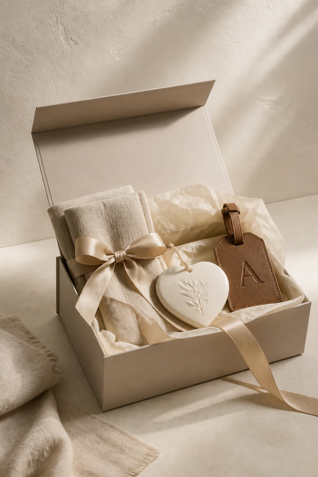 An elegant ivory gift box with a champagne ribbon and personalized keepsakes
