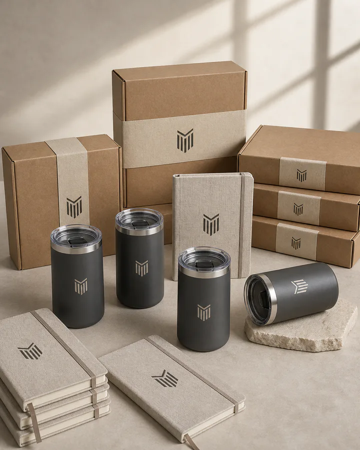 Coordinated corporate gift boxes, tumblers, and notebooks with custom branding