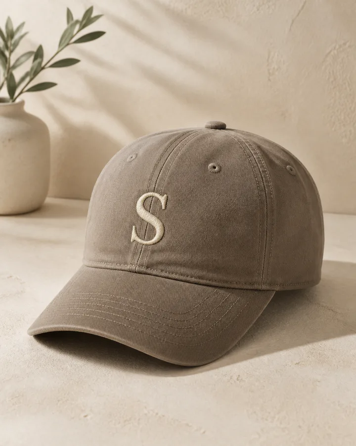 Taupe cap embroidered with a custom initial