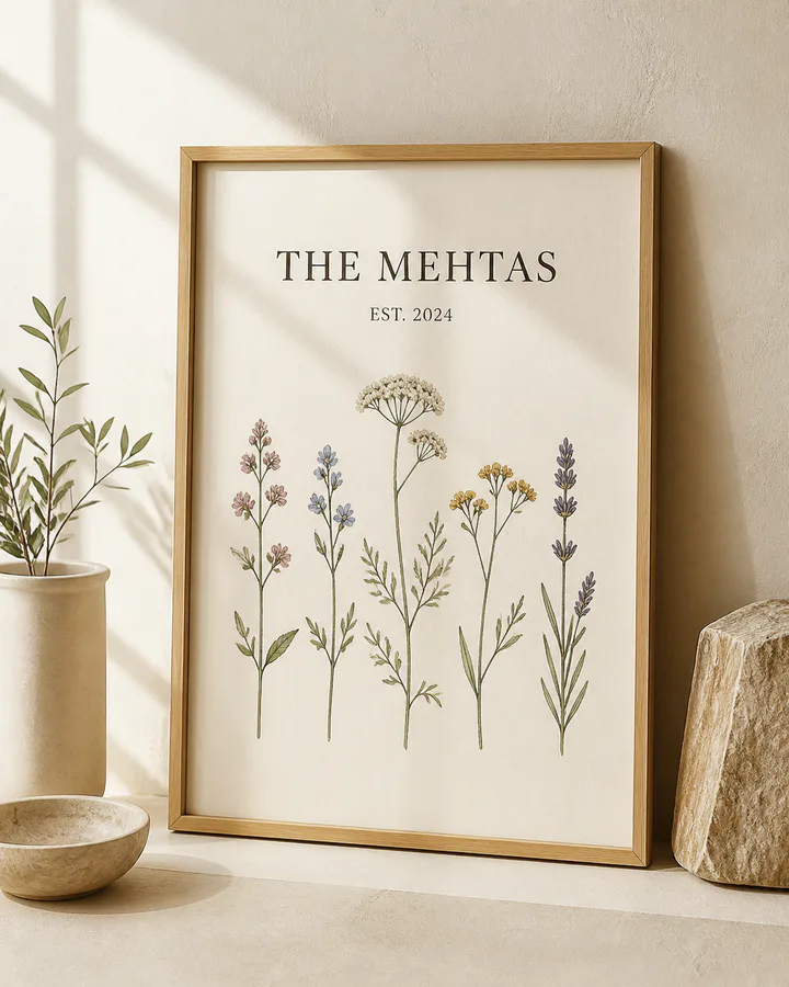 Framed botanical wall art personalized with a family name and date