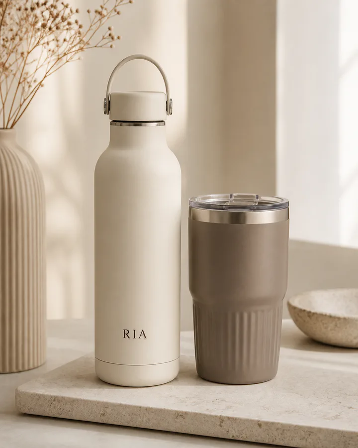 Insulated bottle personalized with a name beside a matching tumbler