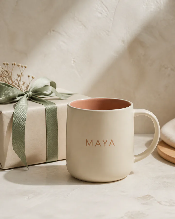 Cream ceramic mug personalized with the name Maya