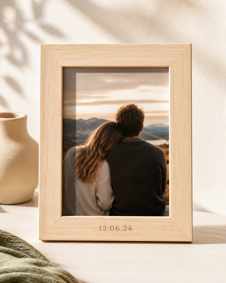 Wooden photo frame personalized with an engraved date