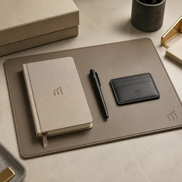 Branded office essentials arranged for a collaborative team