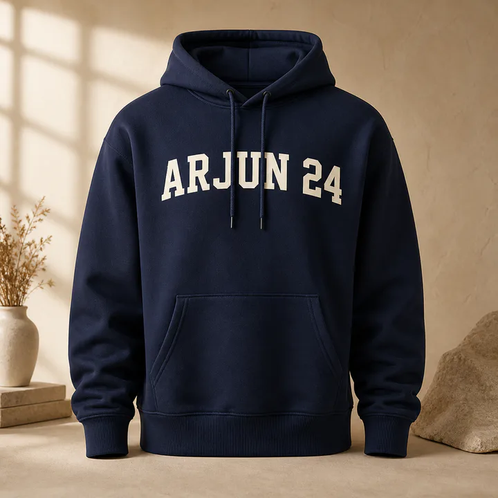 Navy hoodie with custom cream varsity typography