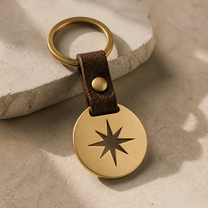 Brass keychain charm featuring a minimal custom star symbol
