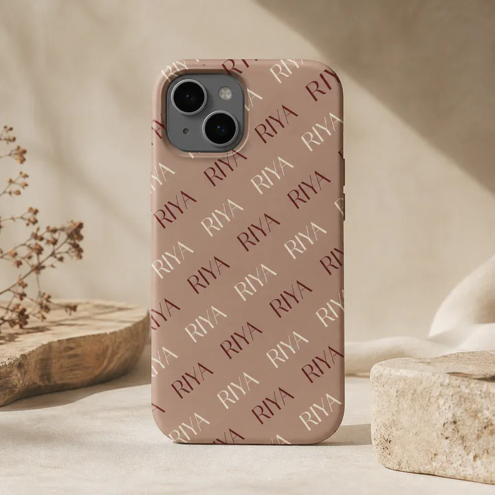 Clay phone case with a repeating custom name pattern