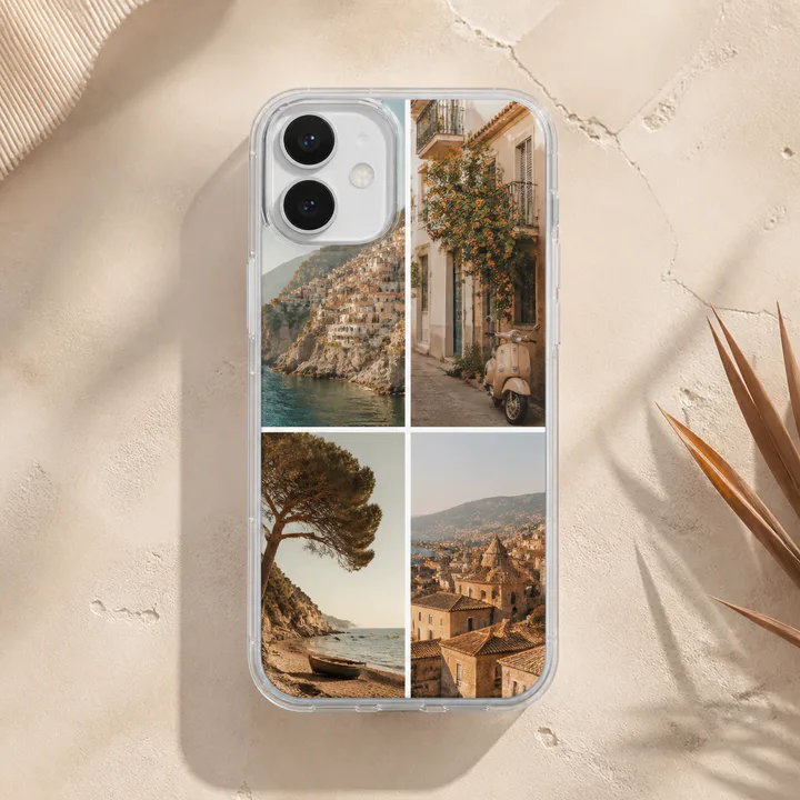 Clear phone case with a custom four-photo collage