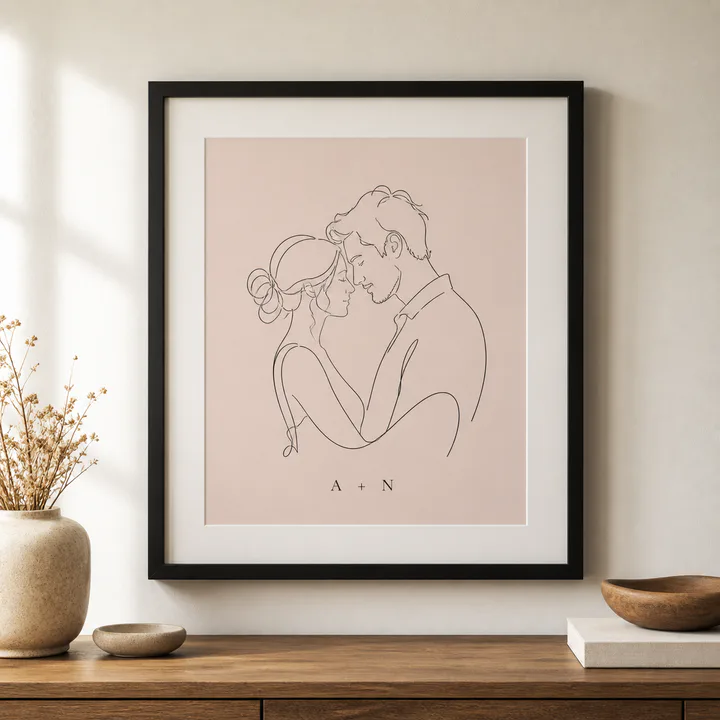 Black framed custom couple line art portrait