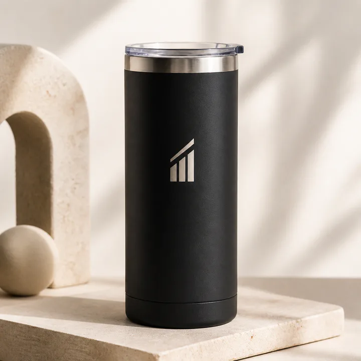 Black travel tumbler printed with an original geometric company mark