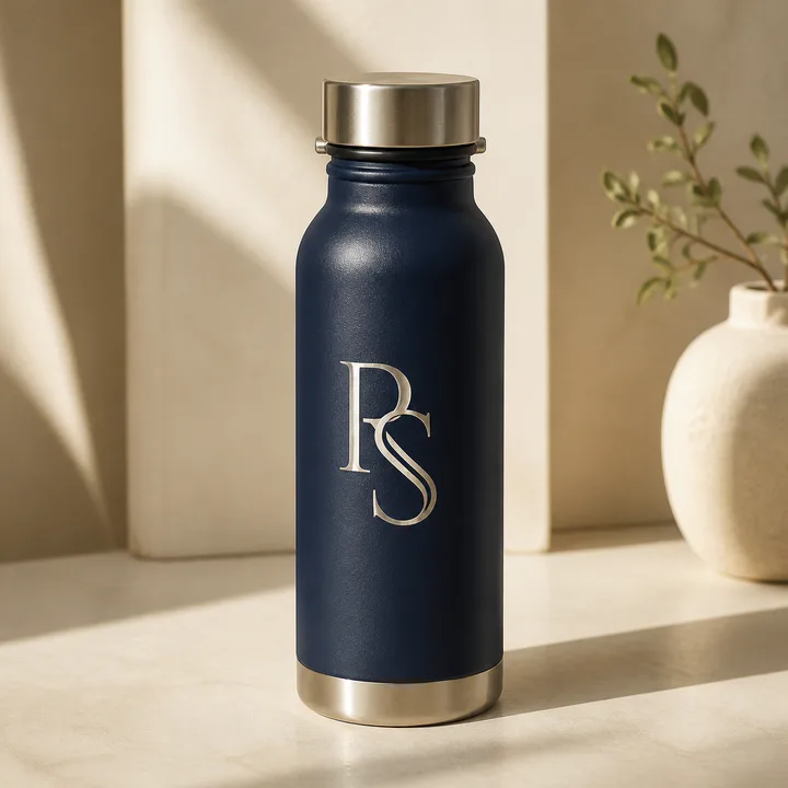 Navy insulated flask engraved with a silver monogram