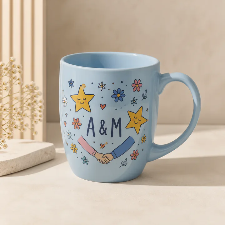 Sky blue mug with colorful custom friendship doodles