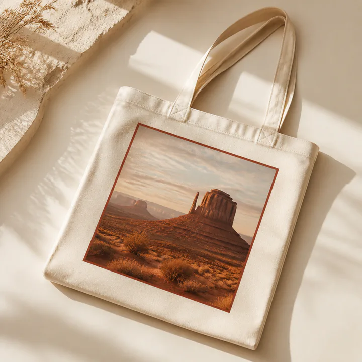 Cream tote bag with a custom square travel photo print