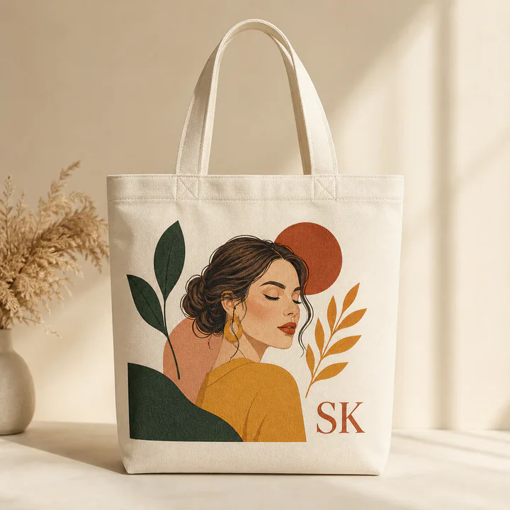 Canvas tote printed with a custom colorful portrait illustration